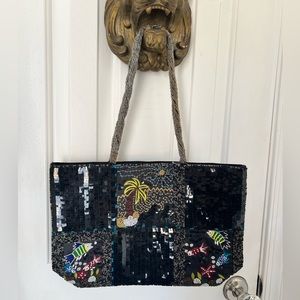 Sasha New York beaded sequined tropical palm fish satin tote bag